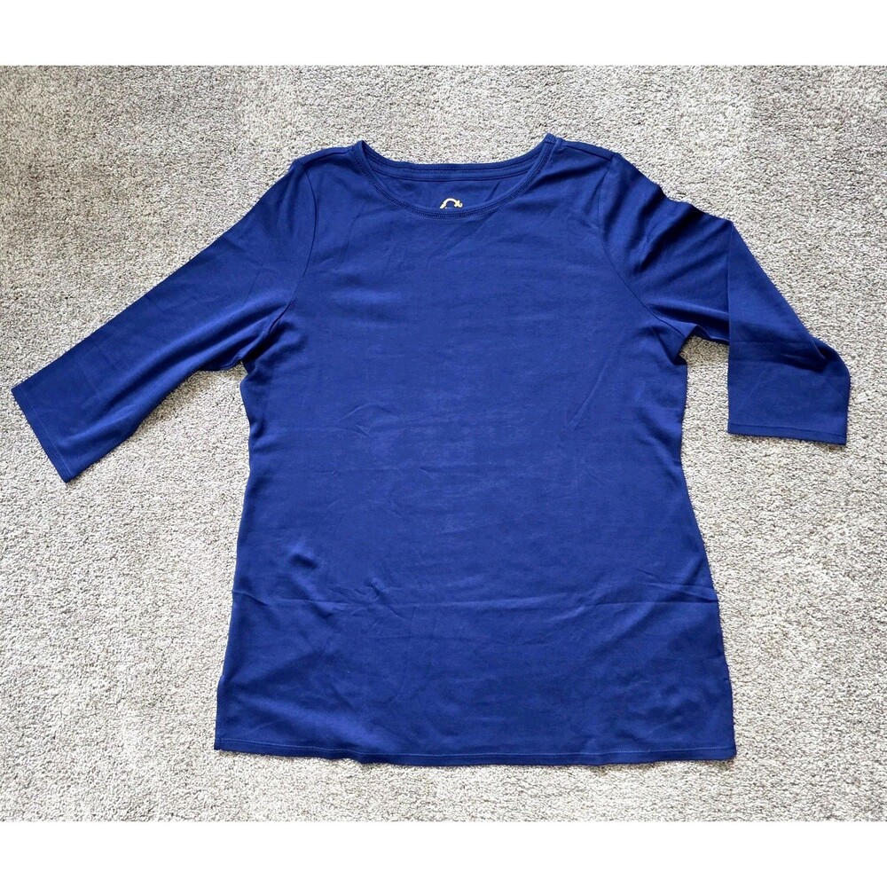 NEW C Wonder Blue 3/4 Sleeve Knit Top L Pima Cotton Scoop Neck QVC Blouse Shirt
